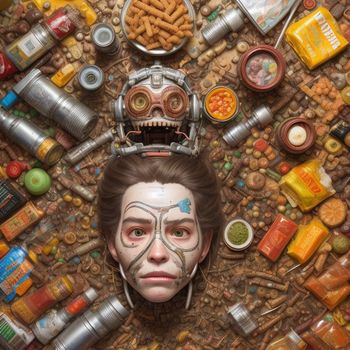 woman with makeup and face paint surrounded by food and snacks and a robot head on top of a table