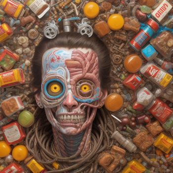 painting of a skeleton surrounded by food and candy items