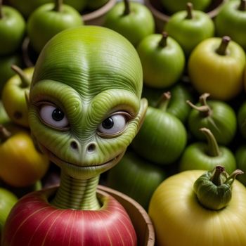 green alien with a red apple in front of a pile of green apples and yellow peppers in a bowl