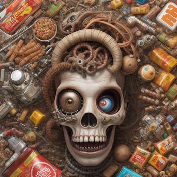 skull with a strange head surrounded by food and candy items and a can of soda on the floor