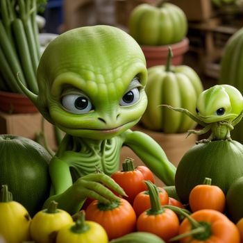 green alien sitting next to a pile of vegetables and fruit with eyes wide open and a third alien standing next to it