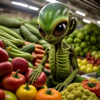 green alien sitting in front of a pile of vegetables and fruit in a store aisle with other vegetables