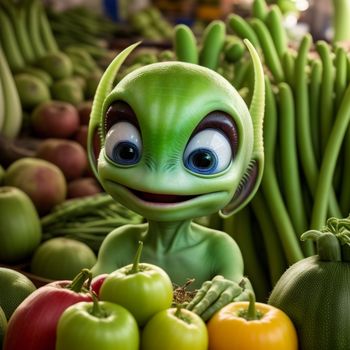 green alien sitting among a pile of vegetables and fruit with eyes wide open and smiling at the camera