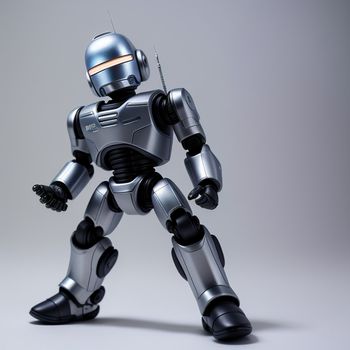 robot is standing in a pose with his arms out and legs crossed