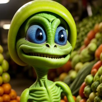 green alien with blue eyes surrounded by vegetables and fruits and vegetables in a store display case