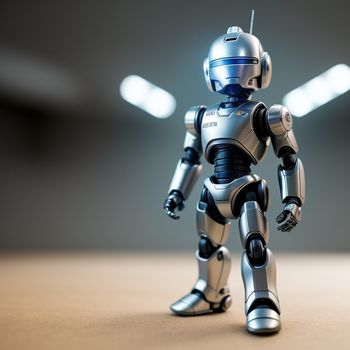 robot is standing on a table in a room with lights on the ceiling and a spot light in the ceiling