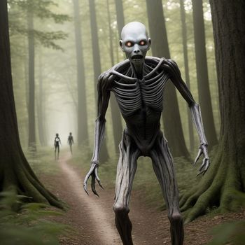 creepy skeleton walking down a dirt road in a forest with a person walking behind it on a path