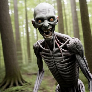 creepy looking creature in the woods with a creepy look on his face and body