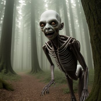 creepy skeleton is walking through a forest with trees in the background and foggy sky above it