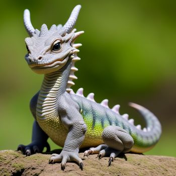 toy lizard sitting on a rock with a green background and a blurry background behind it