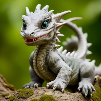 toy dragon sitting on a tree branch with a green background and a blurry background behind it