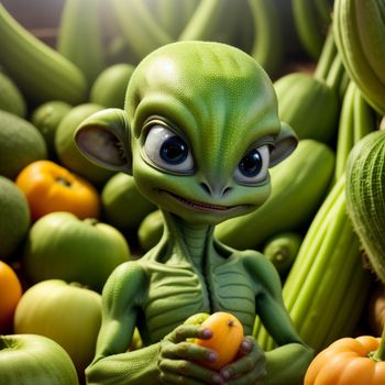 green alien sitting in a pile of fruit and vegetables with eyes wide open and a smile on his face