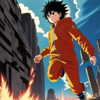 man in a red and yellow suit running through a city street with a fireball in the foreground