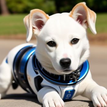 white dog with a blue collar laying on the ground with his paws on the ground and his head resting on the ground