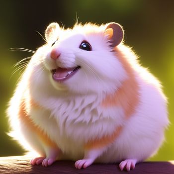 white and orange hamster sitting on a table smiling at the camera with its mouth open and tongue out