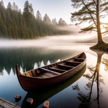 boat is sitting on the water near a tree and foggy forest in the background