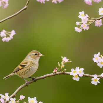 small bird perched on a branch of a tree with flowers in the background of a blurry background