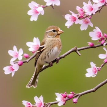 bird sitting on a branch with pink flowers on it's branches and a green background with a blurry background