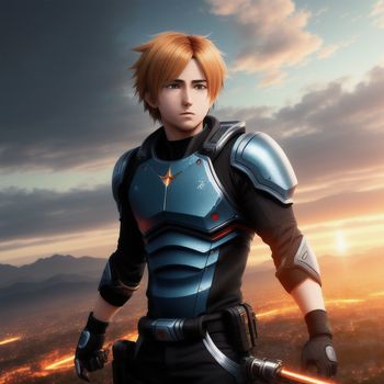 man in a futuristic suit holding a sword in front of a sunset sky with mountains in the background