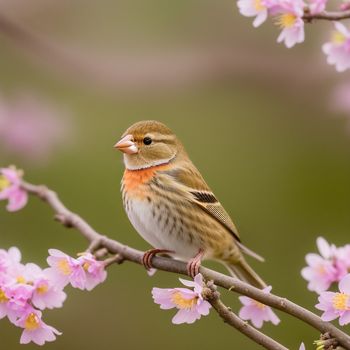 small bird perched on a branch of a tree with pink flowers in the background and a blurry background