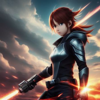 woman in a futuristic suit holding a sword in front of a sunset and clouds background with a sky with clouds