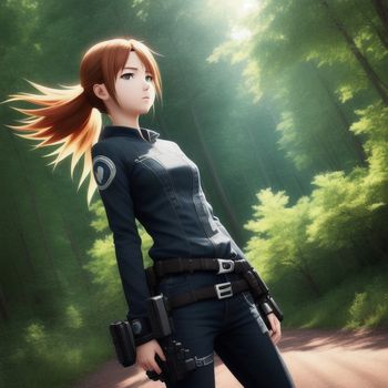 woman in a black suit standing in the middle of a forest with a gun in her hand and a gun in her other hand