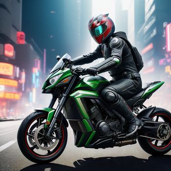 man riding a motorcycle down a city street at night with neon lights on the buildings behind him and a helmet on