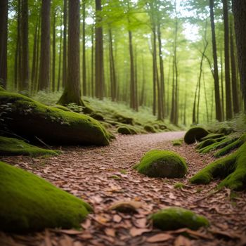 path in a forest with moss growing on the ground and trees in the background with leaves on the ground