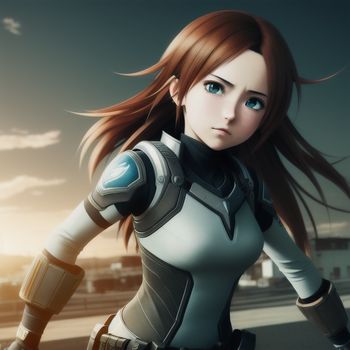 woman in a futuristic suit is standing in front of a cityscape with a gun in her hand