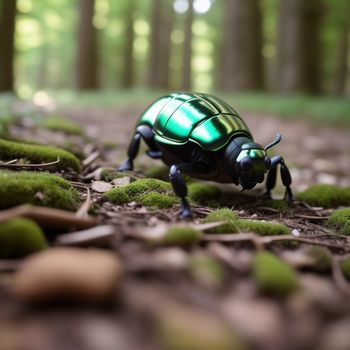 green beetle walking across a forest floor covered in green grass and mossy ground covered in small rocks