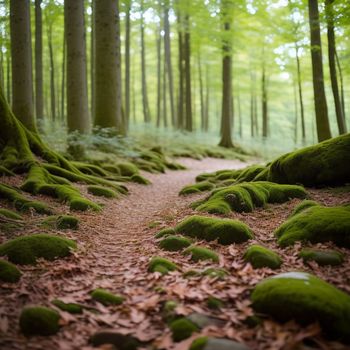 path in the middle of a forest with moss growing on the ground and trees growing on the ground