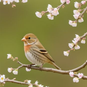 bird sitting on a branch with flowers in the background of a tree branch with white flowers and a green background