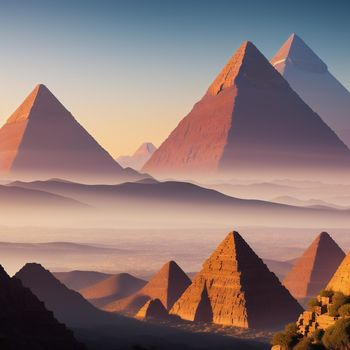 group of pyramids in the desert with fog in the air and a sunset in the background with a pink sky