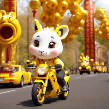 cat riding a motorcycle down a street next to a yellow car and yellow balloons in the shape of animals