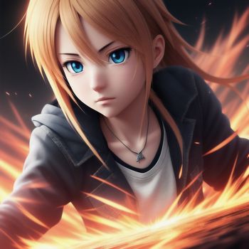 girl with blonde hair and blue eyes is staring at something with fire in the background and a black jacket