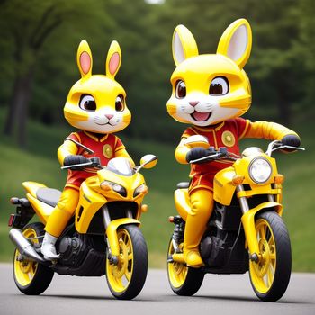 two yellow rabbits are riding on a motorcycle together in a parade of yellow and red outfits