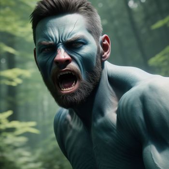man with a beard and blue paint on his face and chest is in the woods with trees and bushes