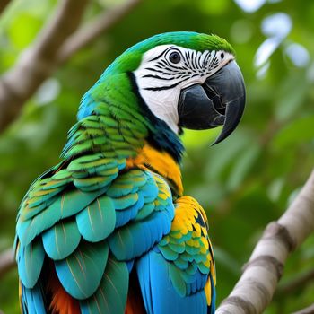 colorful parrot perched on a tree branch in a forest of trees and leaves