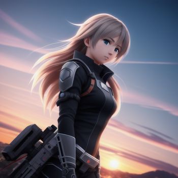 woman with a gun standing in front of a sunset with mountains in the background and clouds in the sky