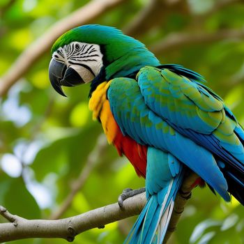 colorful parrot perched on a tree branch in a forest area with green leaves and a blue and yellow bird with a black and yellow face