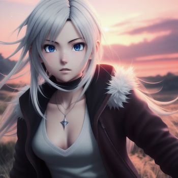 woman with white hair and blue eyes standing in a field at sunset with a cross on her neck