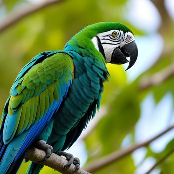 green and blue parrot perched on a branch in a tree with leaves in the background and a blue sky