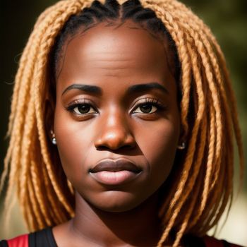 woman with a very long blonde hair with a big braid on her head and a red shirt on