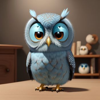 blue owl with big eyes sitting on a table in a room with a dresser and a teddy bear