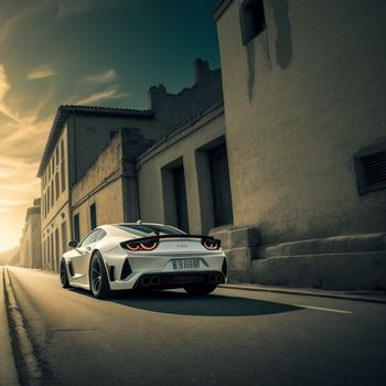 white sports car driving down a street next to a building and a sunset behind it with a person standing on the sidewalk