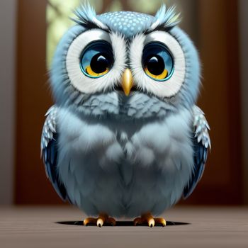 blue owl with big eyes sitting on a table with a window in the background and a door in the background