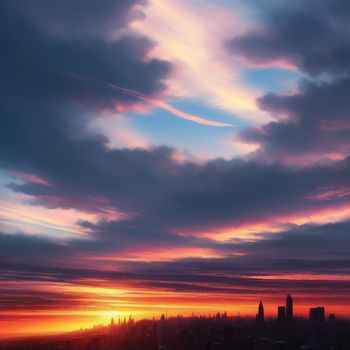 sunset with a city in the distance and clouds in the sky above it and a few buildings in the distance