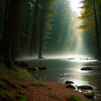 river in a forest with lots of trees and rocks in the water and fog in the air above