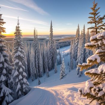 snowy landscape with trees and a sunset in the background with a blue sky and clouds in the distance