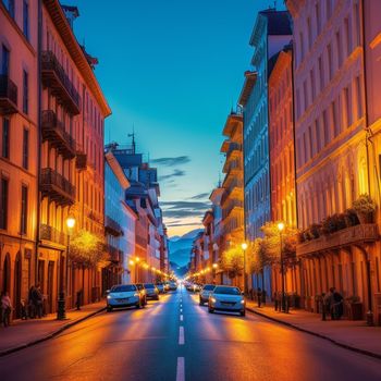 street with cars parked on both sides of it at night time with a sky background and buildings on both sides